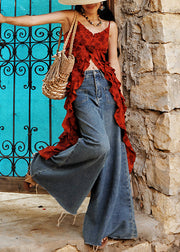 Chic Red Ruffled Print Low High Design Chiffon Spaghetti Strap Tank Sleeveless