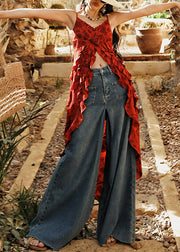 Chic Red Ruffled Print Low High Design Chiffon Spaghetti Strap Tank Sleeveless