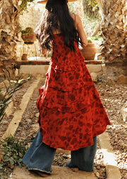 Chic Red Ruffled Print Low High Design Chiffon Spaghetti Strap Tank Sleeveless