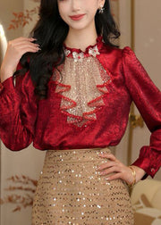Chic Red Ruffled Sequins Patchwork Silk Blouse Tops Fall