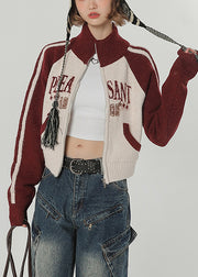 Chic Red Stand Collar Patchwork Knit Loose Coat Winter