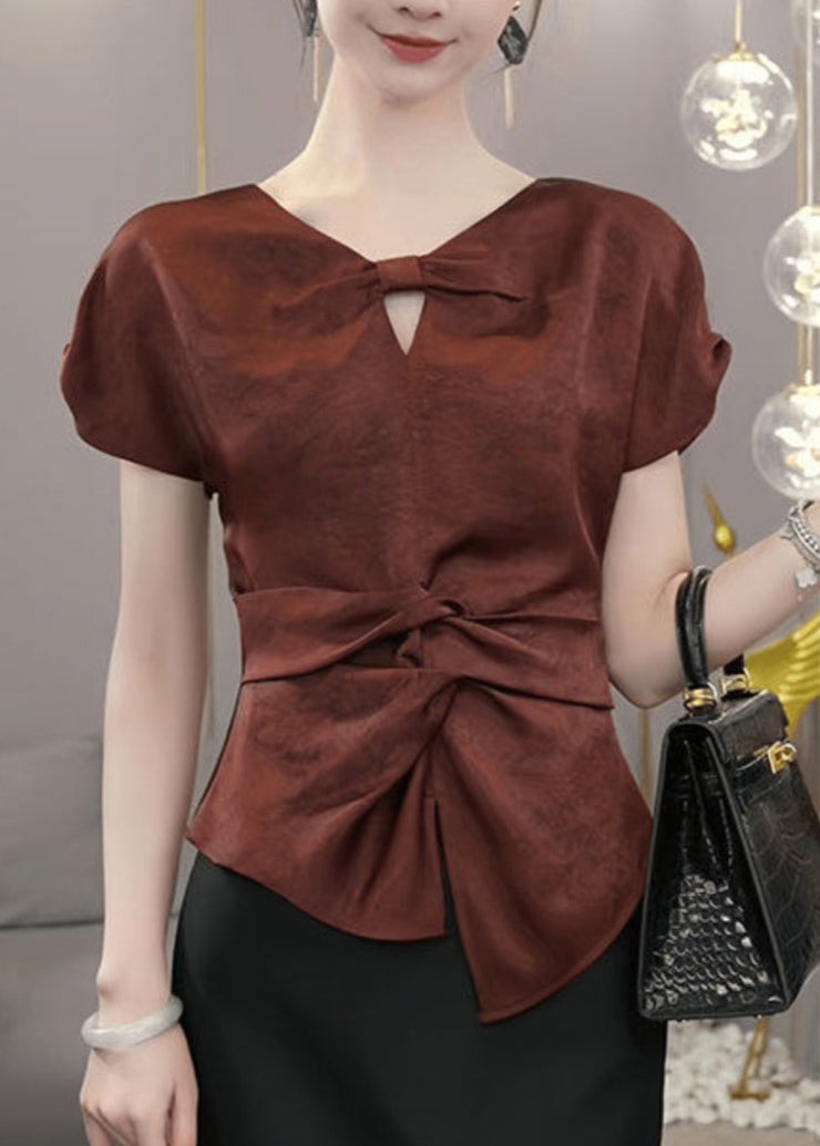 Chic Red V Neck Cinched Shirts Summer