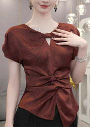 Chic Red V Neck Cinched Shirts Summer