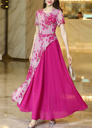 Chic Rose Asymmetrical Print Patchwork Chiffon Dresses Summer