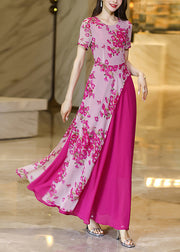 Chic Rose Asymmetrical Print Patchwork Chiffon Dresses Summer