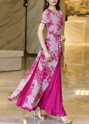Chic Rose Asymmetrical Print Patchwork Chiffon Dresses Summer