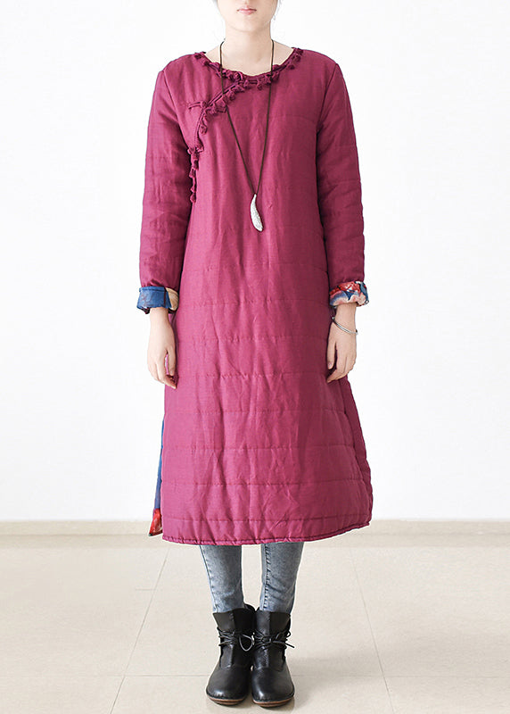 Chic Rose O-Neck Button Side Open Thick cotton blend Long Parka Witner