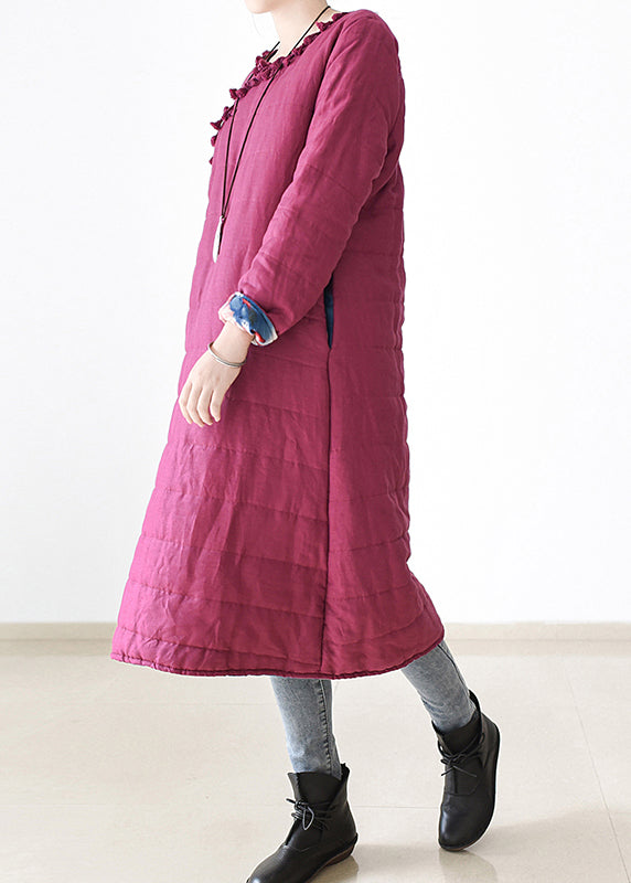 Chic Rose O-Neck Button Side Open Thick cotton blend Long Parka Witner