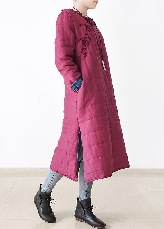 Chic Rose O-Neck Button Side Open Thick cotton blend Long Parka Witner