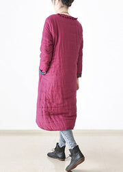 Chic Rose O-Neck Button Side Open Thick cotton blend Long Parka Witner