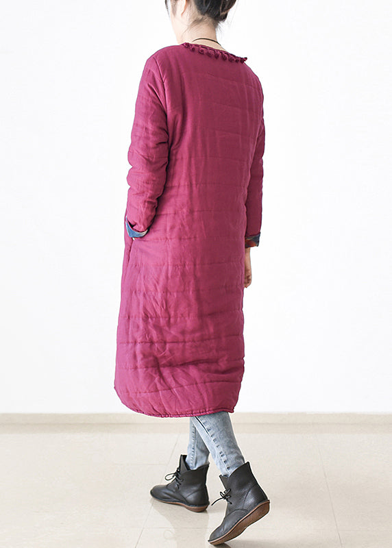 Chic Rose O-Neck Button Side Open Thick cotton blend Long Parka Witner