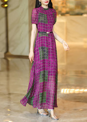 Chic Rose O Neck Plaid Chiffon Maxi Dresses Summer