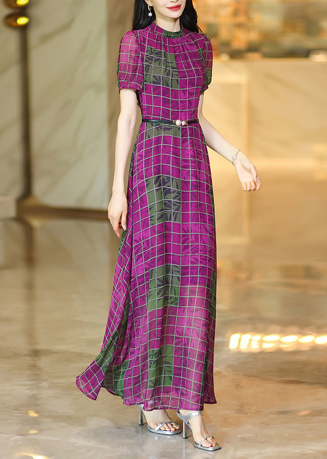 Chic Rose O Neck Plaid Chiffon Maxi Dresses Summer