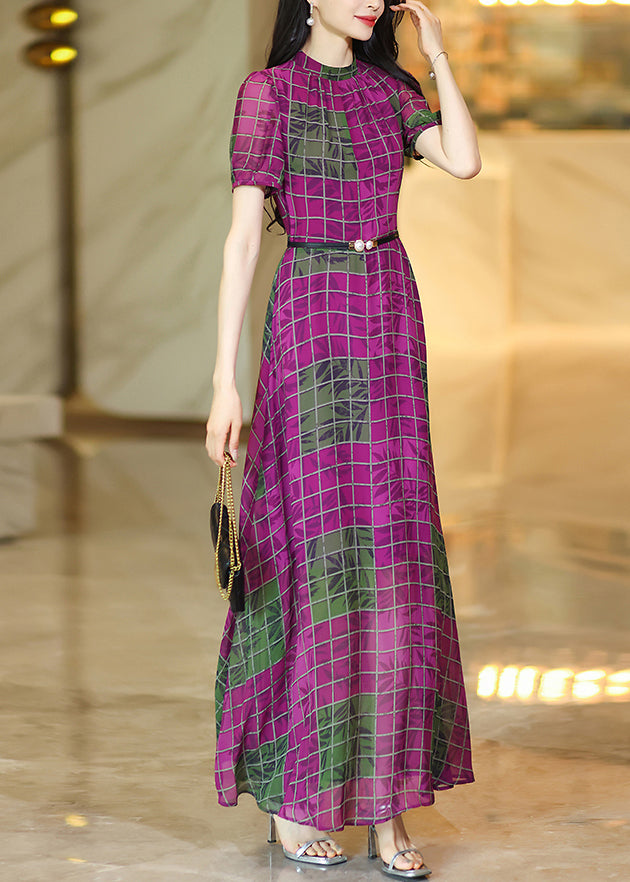 Chic Rose O Neck Plaid Chiffon Maxi Dresses Summer