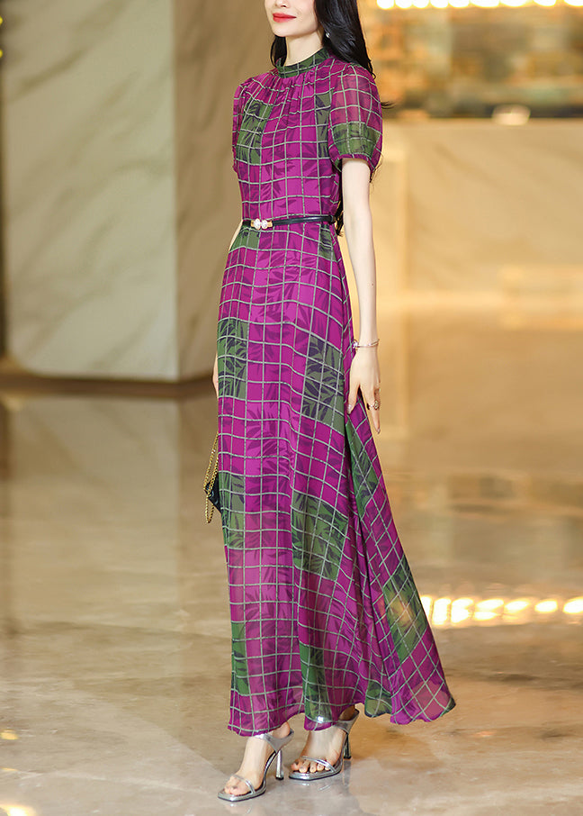 Chic Rose O Neck Plaid Chiffon Maxi Dresses Summer