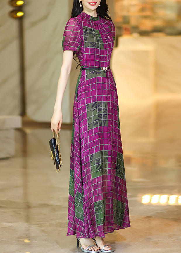 Chic Rose O Neck Plaid Chiffon Maxi Dresses Summer