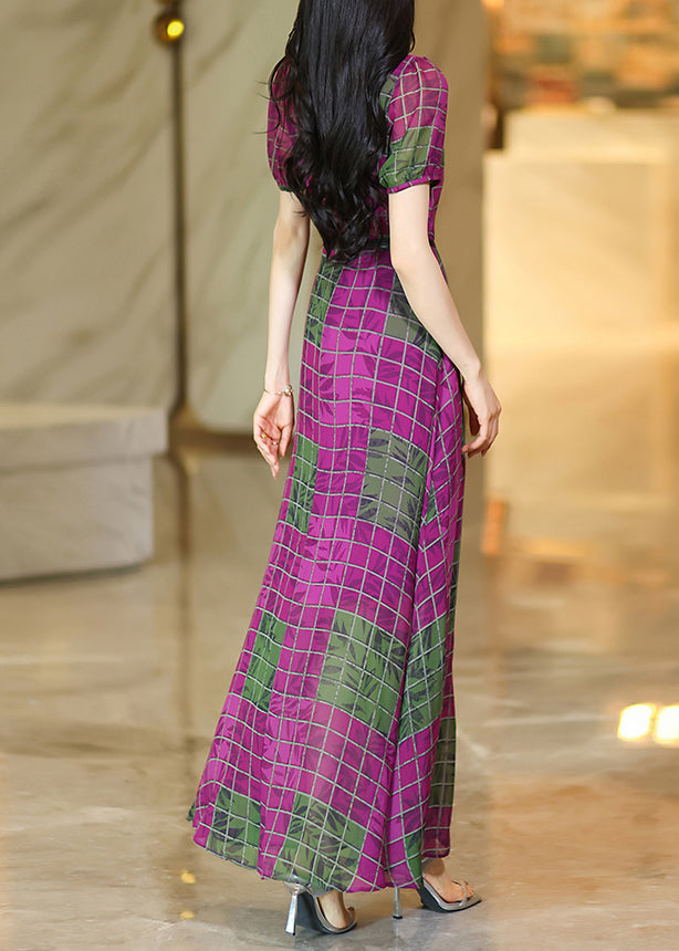 Chic Rose O Neck Plaid Chiffon Maxi Dresses Summer