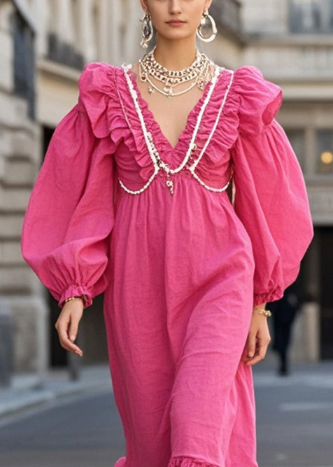 Chic Rose Ruffled Nail Bead Cotton Vacation Dresses Spring