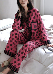 Chic Rose V Neck Print Cotton Pajamas Two Pieces Set Fall