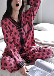Chic Rose V Neck Print Cotton Pajamas Two Pieces Set Fall