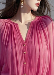 Chic Rose Wrinkled Chiffon Shirt Lantern Sleeve
