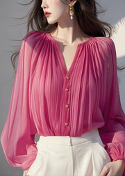 Chic Rose Wrinkled Chiffon Shirt Lantern Sleeve