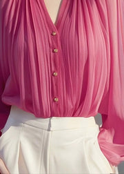 Chic Rose Wrinkled Chiffon Shirt Lantern Sleeve