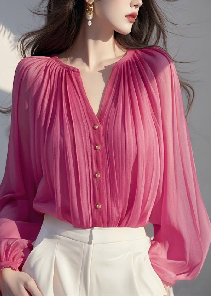 Chic Rose Wrinkled Chiffon Shirt Lantern Sleeve