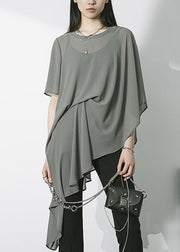 Chic Royal Blue Asymmetrical Chiffon Shirt Short Sleeve