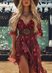 Chic Ruffled Asymmetrical Design Patchwork Cotton Mid Dress Summer
