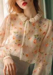 Chic Ruffled Lace Up Print Chiffon Shirt Fall