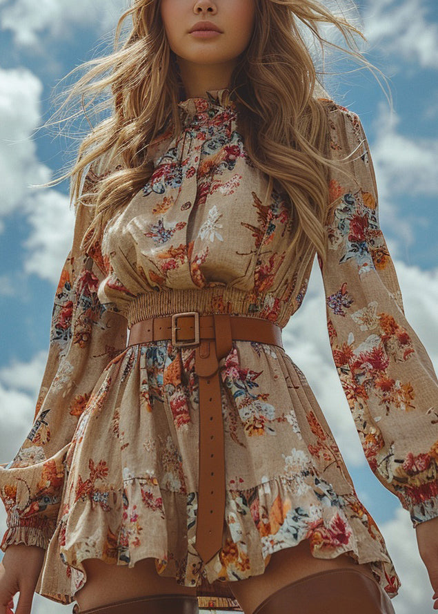 Chic Ruffled Print Patchwork Cotton Mini Dress Long Sleeve