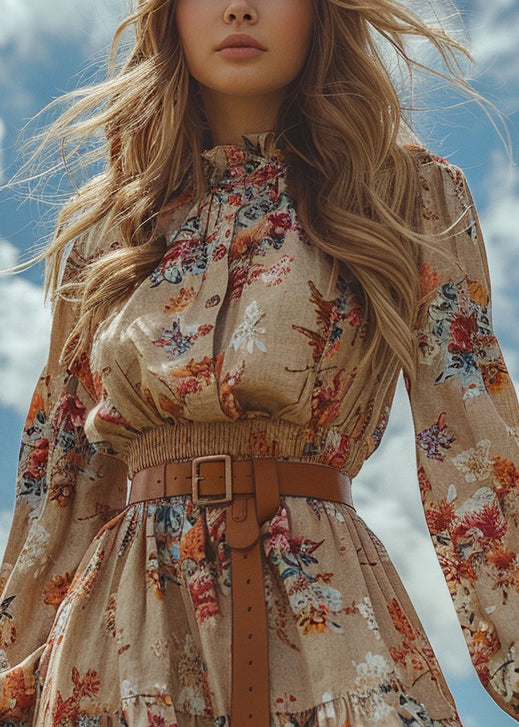Chic Ruffled Print Patchwork Cotton Mini Dress Long Sleeve