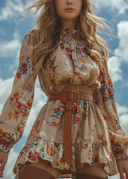 Chic Ruffled Print Patchwork Cotton Mini Dress Long Sleeve