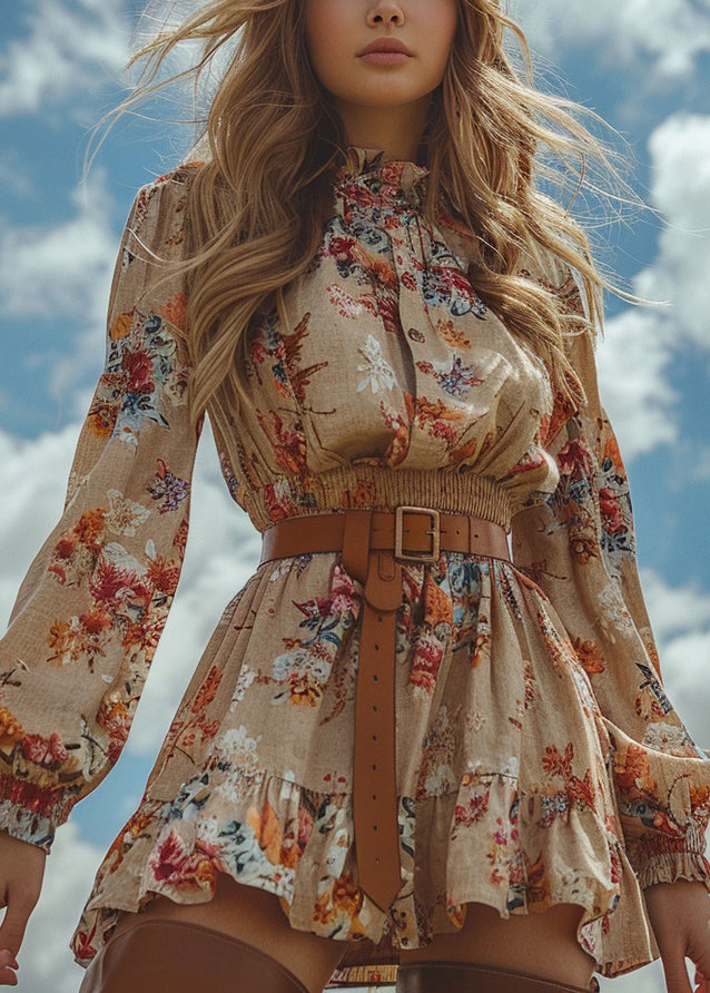 Chic Ruffled Print Patchwork Cotton Mini Dress Long Sleeve