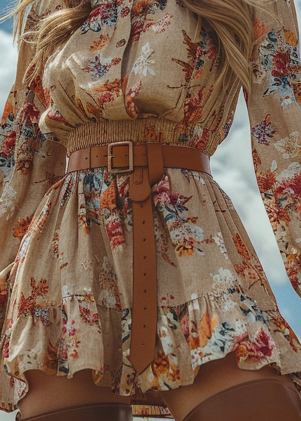 Chic Ruffled Print Patchwork Cotton Mini Dress Long Sleeve