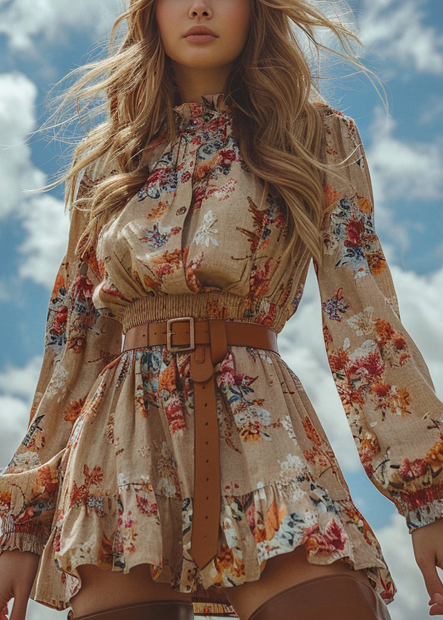 Chic Ruffled Print Patchwork Cotton Mini Dress Long Sleeve