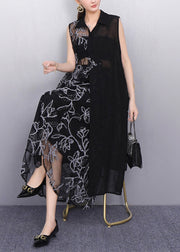 Chic Sheer Floral Black Asymmetrical Chiffon Two Pieces Set Sleeveless