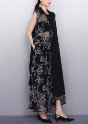 Chic Sheer Floral Black Asymmetrical Chiffon Two Pieces Set Sleeveless