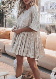 Chic Silver O Neck Sequins Cotton Mid Dress Summer