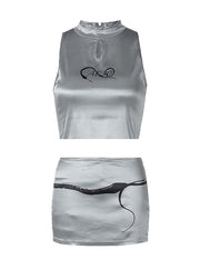 Chic Silver O-Neck Tank And Skirts Satin Two Pieces Set Summer