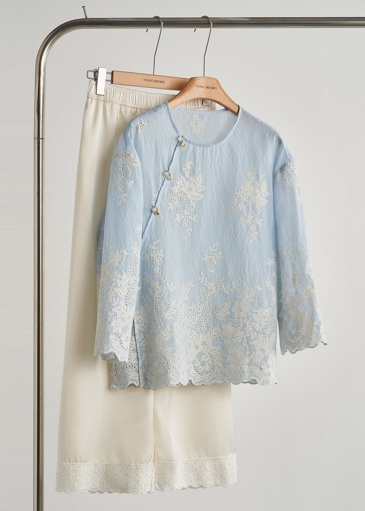 Chic Sky Blue Embroidered Hollow Out Cotton Top Fall