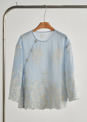 Chic Sky Blue Embroidered Hollow Out Cotton Top Fall