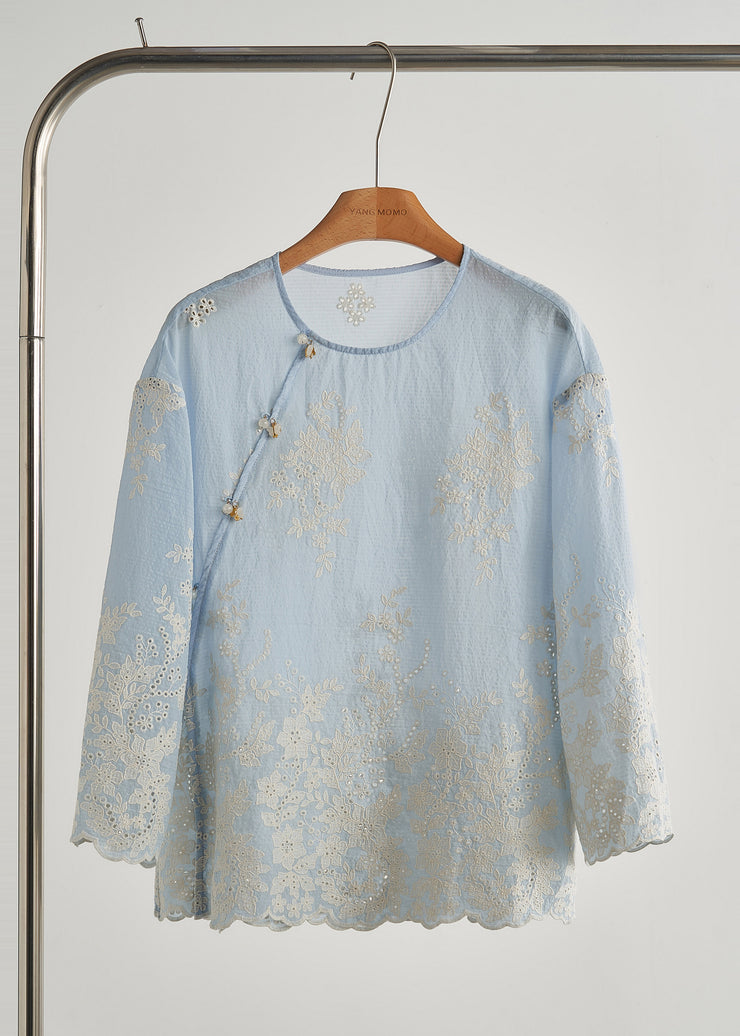 Chic Sky Blue Embroidered Hollow Out Cotton Top Fall