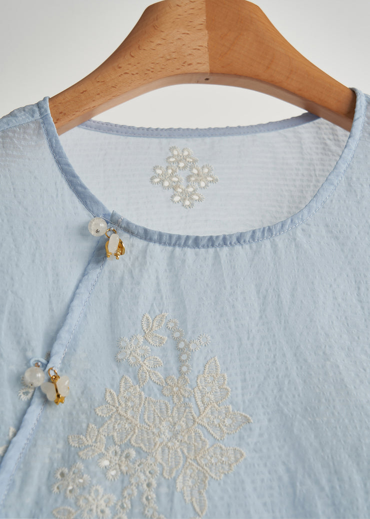 Chic Sky Blue Embroidered Hollow Out Cotton Top Fall