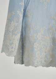 Chic Sky Blue Embroidered Hollow Out Cotton Top Fall