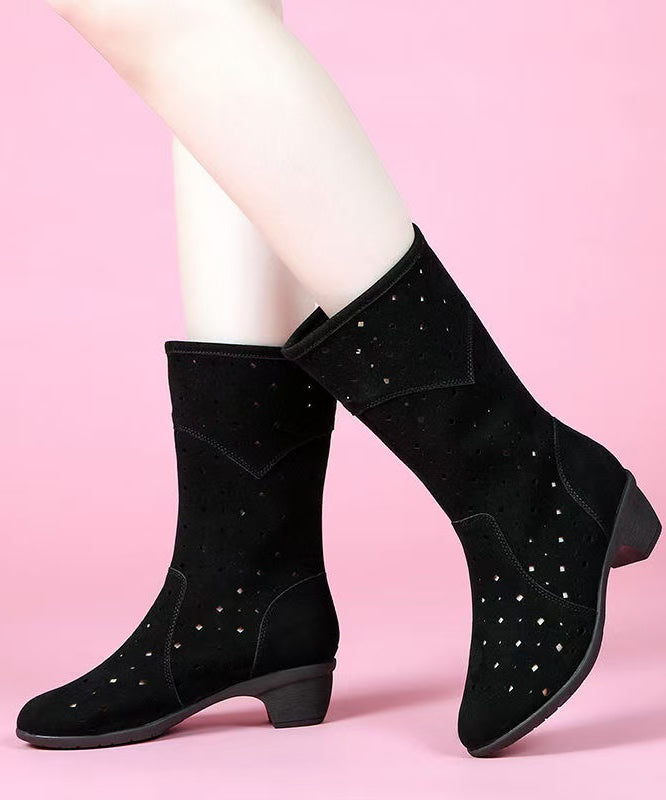 Chic Splicing Chunky Boots Black Suede Hollow Out