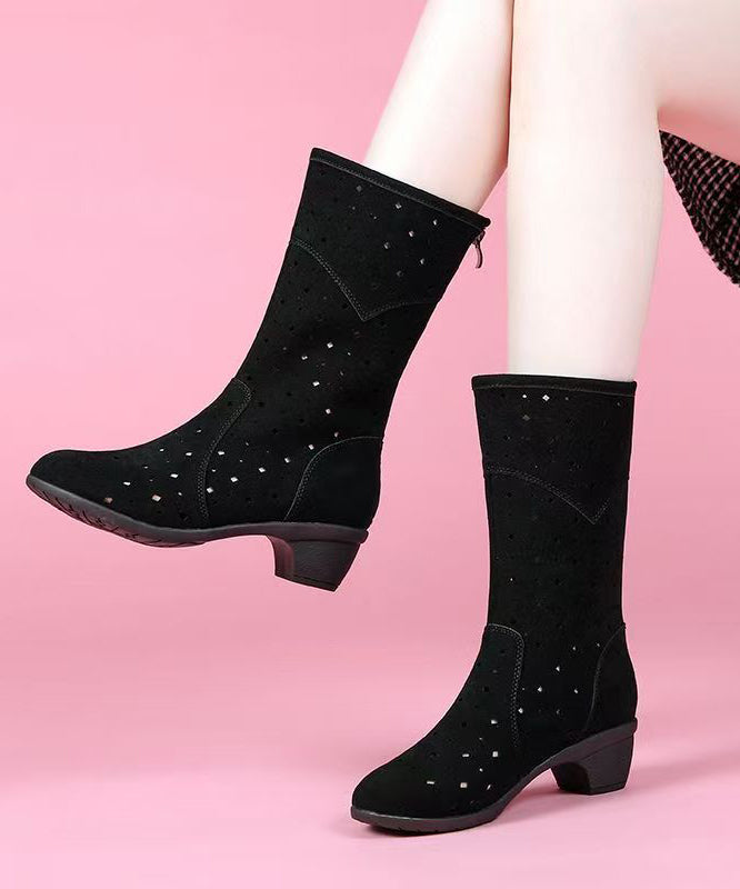 Chic Splicing Chunky Boots Black Suede Hollow Out