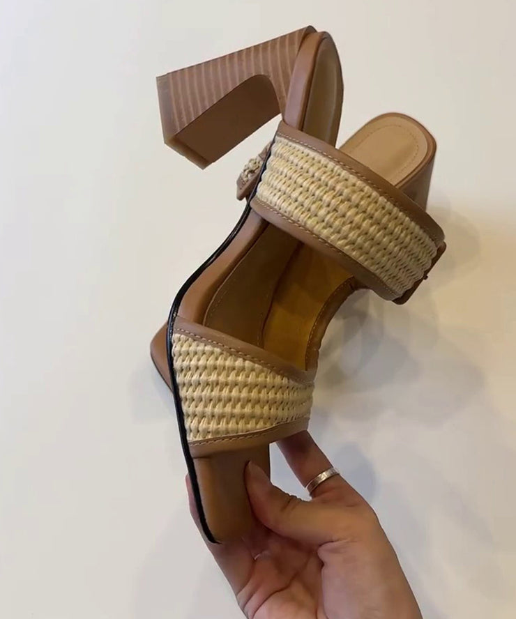 Chic Splicing Chunky Heel Brown Faux Leather Slide Sandals
