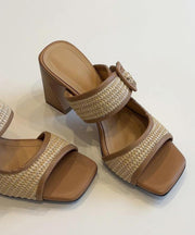 Chic Splicing Chunky Heel Brown Faux Leather Slide Sandals